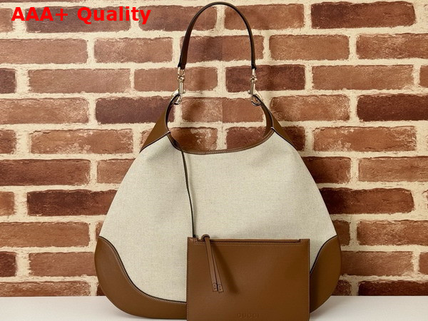 Gucci B Medium Shoulder Bag in Natural Cotton Linen Canvas and Brown Leather Trim 815924 Replica