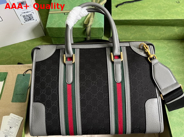 Gucci Bauletto Medium Top Handle Bag Black GG Canvas Grey Leather Trim 715666 Replica