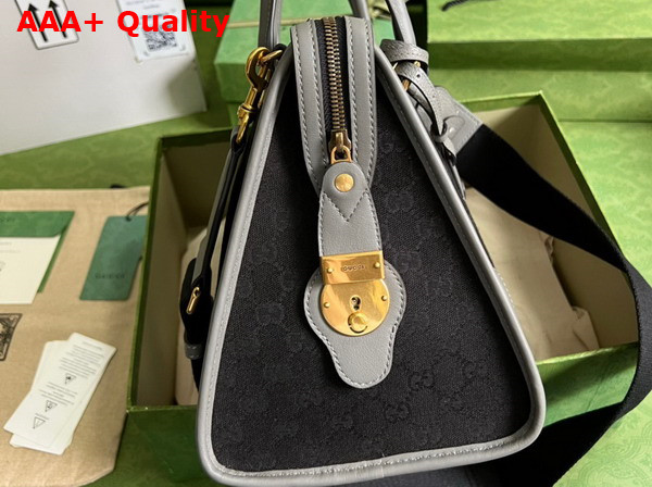 Gucci Bauletto Medium Top Handle Bag Black GG Canvas Grey Leather Trim 715666 Replica