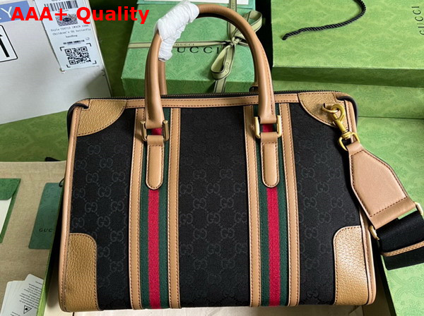 Gucci Bauletto Medium Top Handle Bag Black GG Canvas Light Brown Leather Trim 715666 Replica