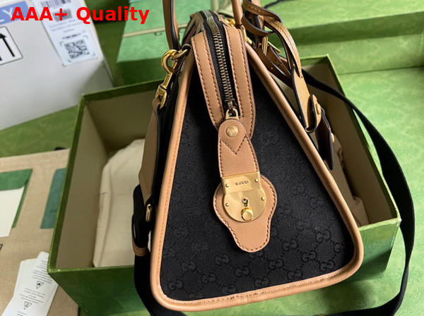 Gucci Bauletto Medium Top Handle Bag Black GG Canvas Light Brown Leather Trim 715666 Replica