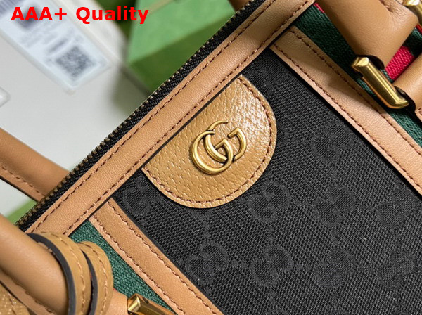 Gucci Bauletto Medium Top Handle Bag Black GG Canvas Light Brown Leather Trim 715666 Replica