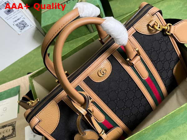 Gucci Bauletto Medium Top Handle Bag Black GG Canvas Light Brown Leather Trim 715666 Replica