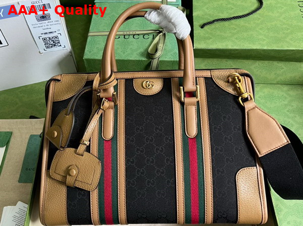 Gucci Bauletto Medium Top Handle Bag Black GG Canvas Light Brown Leather Trim 715666 Replica