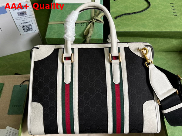 Gucci Bauletto Medium Top Handle Bag Black GG Canvas with White Leather Trim 715666 Replica