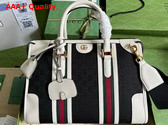 Gucci Bauletto Medium Top Handle Bag Black GG Canvas with White Leather Trim 715666 Replica