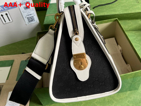 Gucci Bauletto Medium Top Handle Bag Black GG Canvas with White Leather Trim 715666 Replica