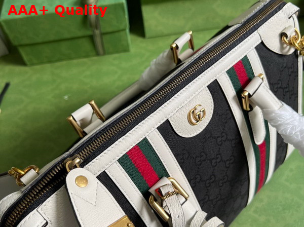 Gucci Bauletto Medium Top Handle Bag Black GG Canvas with White Leather Trim 715666 Replica