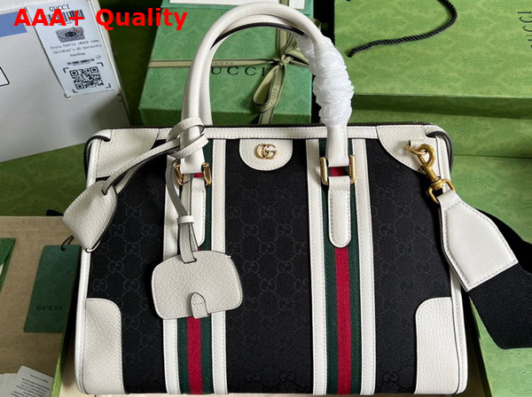 Gucci Bauletto Medium Top Handle Bag Black GG Canvas with White Leather Trim 715666 Replica