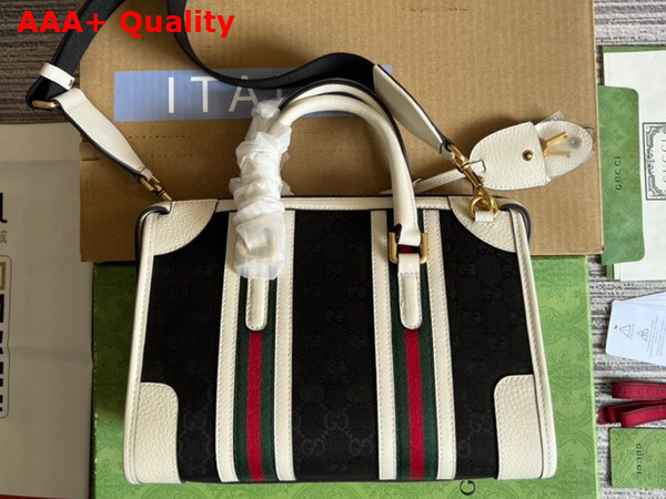 Gucci Bauletto Small Top Handle Bag in Black GG Canvas and White Leather Trim 715772 Replica