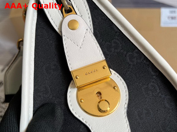 Gucci Bauletto Small Top Handle Bag in Black GG Canvas and White Leather Trim 715772 Replica