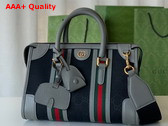 Gucci Bauletto Small Top Handle Bag in Black GG Canvas with Grey Leather Trim 715772 Replica