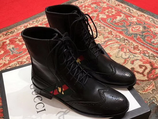 Gucci Black Leather Ankle Boot with Web and Bee