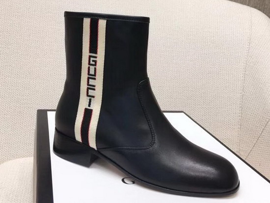 Gucci Black Leather Ankle Boot with White and Black Web