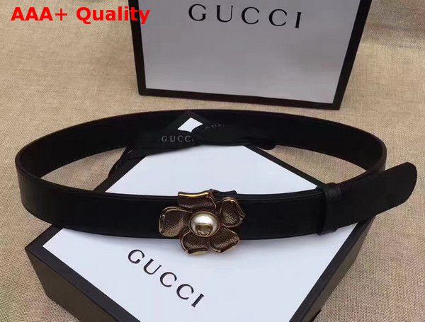 Gucci Black Leather Belt with Metal Flower Replica