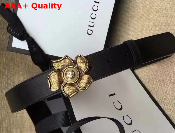 Gucci Black Leather Belt with Metal Flower Replica