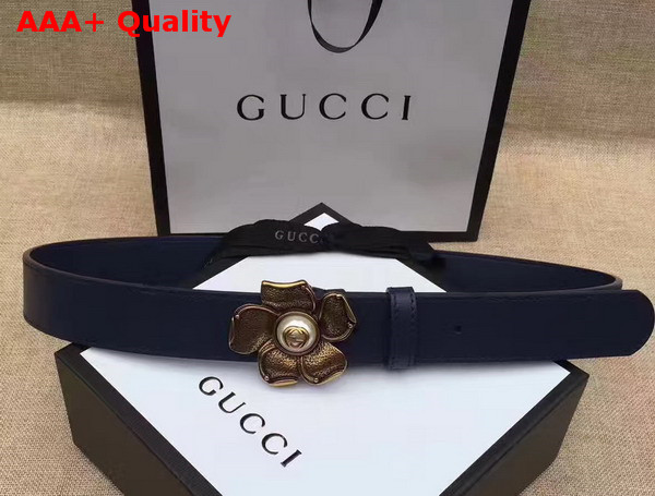 Gucci Blue Leather Belt with Metal Flower Replica