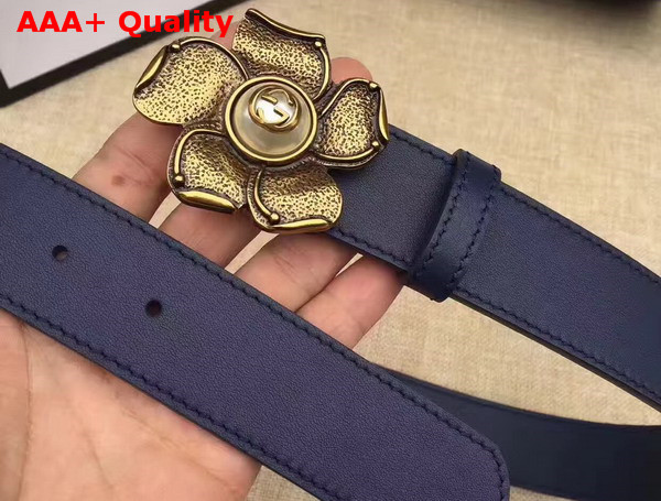 Gucci Blue Leather Belt with Metal Flower Replica