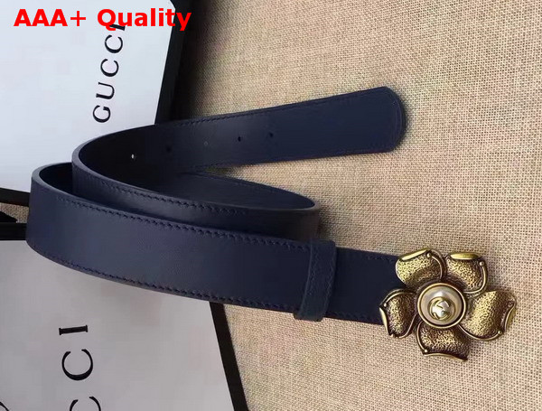 Gucci Blue Leather Belt with Metal Flower Replica