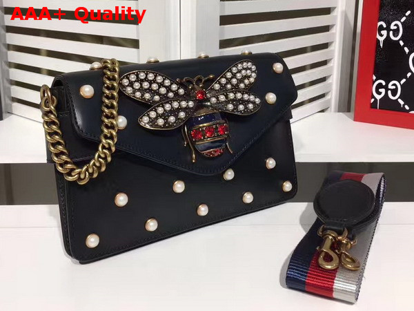 Gucci Broadway Leather Clutch in Black with Pearl Studs and Metal Bee Replica