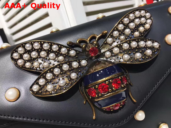 Gucci Broadway Leather Clutch in Black with Pearl Studs and Metal Bee Replica