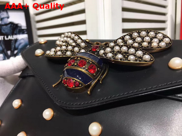 Gucci Broadway Leather Clutch in Black with Pearl Studs and Metal Bee Replica