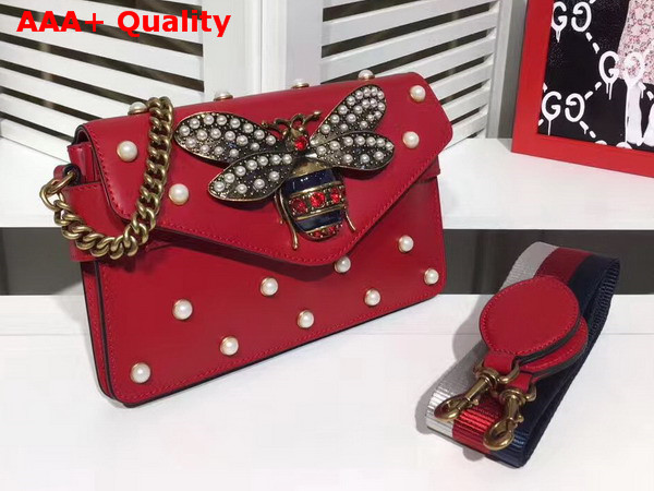 Gucci Broadway Leather Clutch in Red with Pearl Studs and Metal Bee Replica