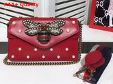 Gucci Broadway Leather Clutch in Red with Pearl Studs and Metal Bee Replica