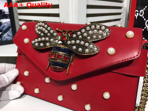 Gucci Broadway Leather Clutch in Red with Pearl Studs and Metal Bee Replica