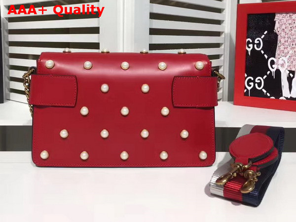 Gucci Broadway Leather Clutch in Red with Pearl Studs and Metal Bee Replica