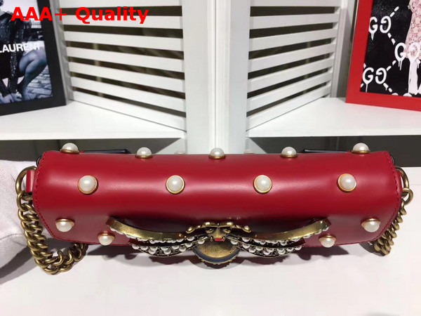 Gucci Broadway Leather Clutch in Red with Pearl Studs and Metal Bee Replica