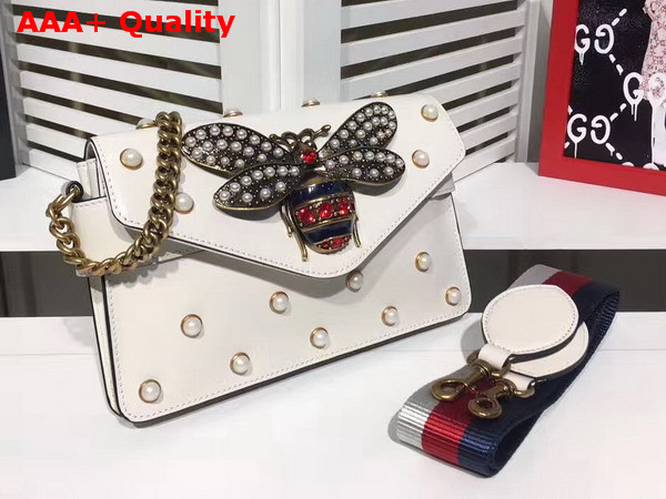 Gucci Broadway Leather Clutch in White with Pearl Studs and Metal Bee Replica