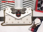 Gucci Broadway Leather Clutch in White with Pearl Studs and Metal Bee Replica