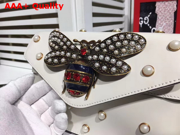 Gucci Broadway Leather Clutch in White with Pearl Studs and Metal Bee Replica