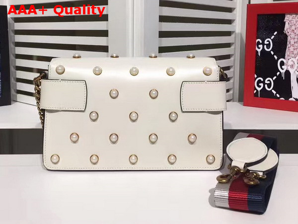 Gucci Broadway Leather Clutch in White with Pearl Studs and Metal Bee Replica