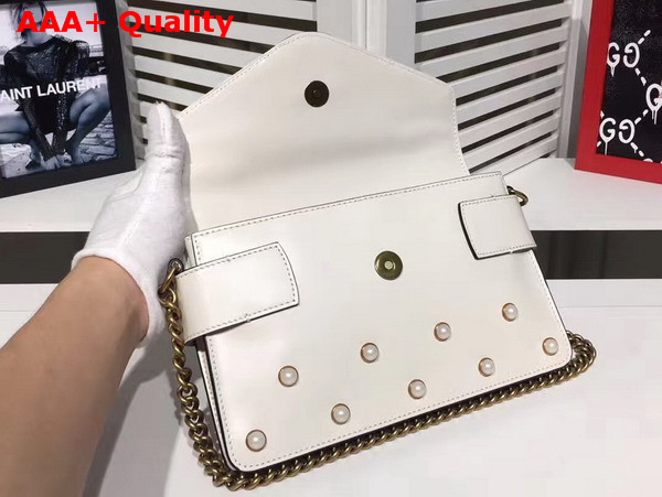 Gucci Broadway Leather Clutch in White with Pearl Studs and Metal Bee Replica