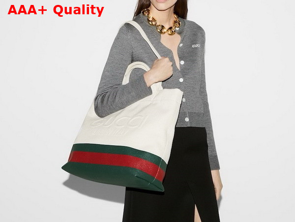 Gucci Canvas Tote Bag with Embossed Detail Natural Canvas with Green and Red Web Coated Trim 782741 Replica