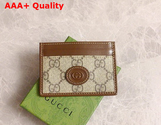 Gucci Card Case with Interlocking G in Beige and Ebony GG Supreme Canvas and Brown Leather 673002 Replica