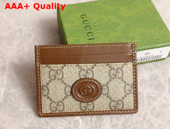 Gucci Card Case with Interlocking G in Beige and Ebony GG Supreme Canvas and Brown Leather 673002 Replica