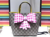 Gucci Childrens GG Supreme Check Bow Tote Pink and White Check Bow