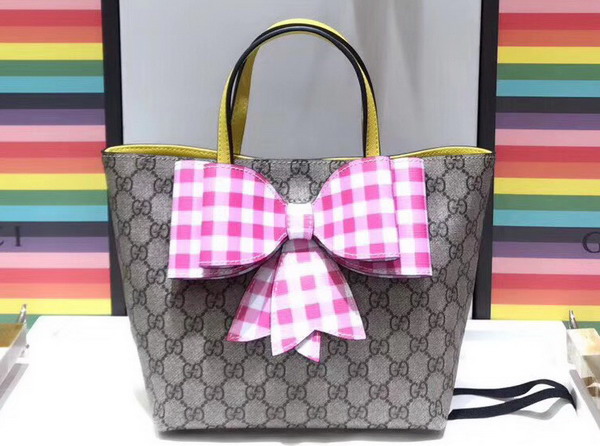 Gucci Childrens GG Supreme Check Bow Tote Pink and White Check Bow