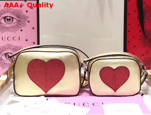 Gucci Childrens Leather Heart Messenger Bag in Light Gold Leather with Red Heart Details Replica