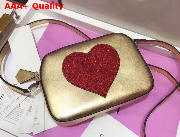 Gucci Childrens Leather Heart Messenger Bag in Light Gold Leather with Red Heart Details Replica