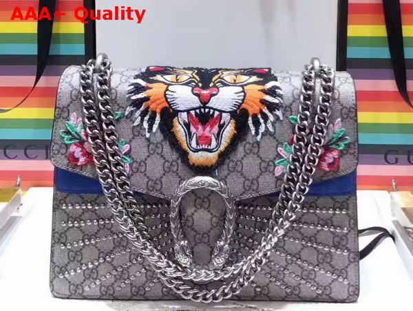 Gucci Dionysus Embroidered GG Supreme Shoulder Bag Embroidered Angry Cat Applique with Embroidered Flower Appliques Replica