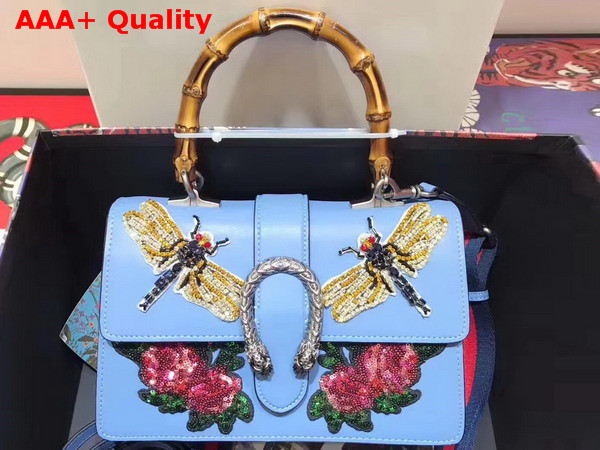 Gucci Dionysus Embroidered Leather Top Handle Bag with Two Crystal Embroidered Dragonflies and Two Sequin Embroidered Roses Appliques Light Blue Leather Replica