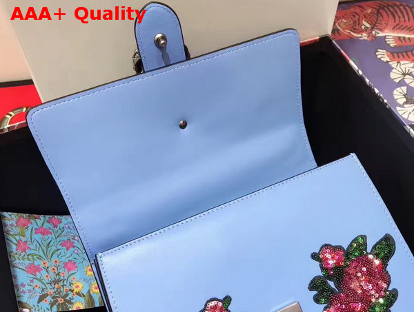 Gucci Dionysus Embroidered Leather Top Handle Bag with Two Crystal Embroidered Dragonflies and Two Sequin Embroidered Roses Appliques Light Blue Leather Replica