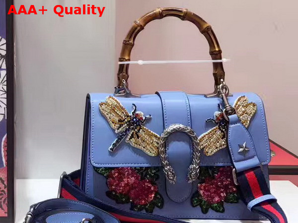 Gucci Dionysus Embroidered Leather Top Handle Bag with Two Crystal Embroidered Dragonflies and Two Sequin Embroidered Roses Appliques Light Blue Leather Replica