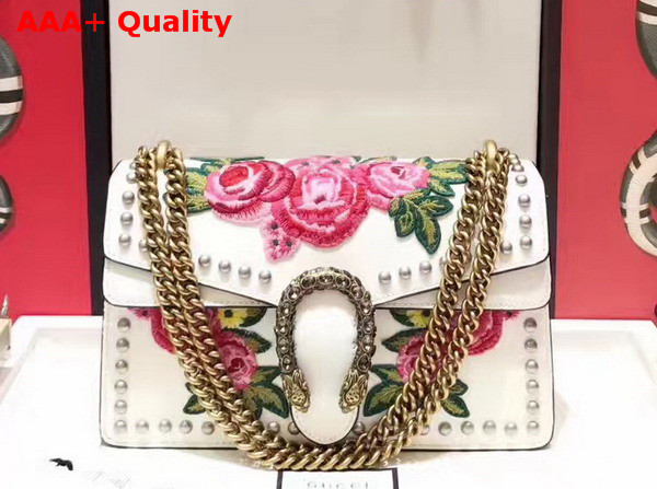 Gucci Dionysus Embroidered Studded Shoulder Bag in White Smooth Leather Replica