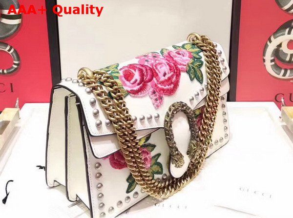 Gucci Dionysus Embroidered Studded Shoulder Bag in White Smooth Leather Replica