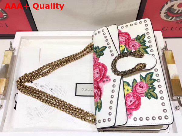 Gucci Dionysus Embroidered Studded Shoulder Bag in White Smooth Leather Replica